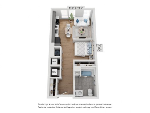 Floor plan for studio, 1 bath, 548 sqft